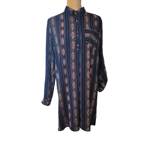 Entro Women's Pull Over Shift Aztec Boho 1/4 Button Down PocketDress - Picture 6 of 9
